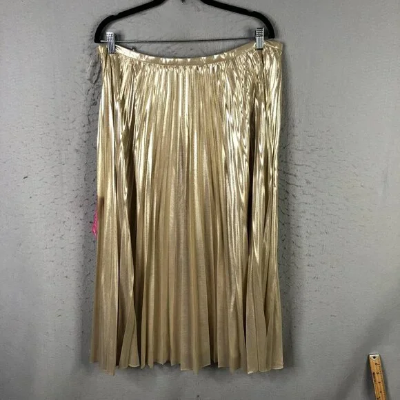 Lauren Ralph Lauren Skirt Womens 14 Gold Metallic Pleated Midi Party Formal - Picture 2 of 16